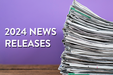 Stack of newspapers with text  on a purple background that says 2024 News Releases.